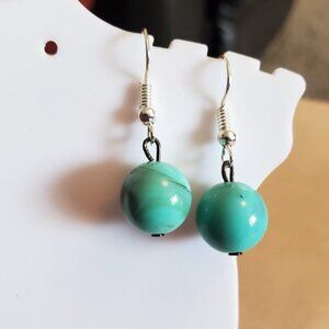 Silver Tone Hook Teal Bead Dangle Earrings Artisan